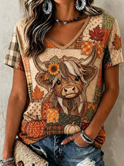 Women's Fall Patchwork Print Casual V-Neck T-Shirt