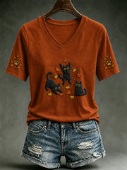 Women's Autumn Cute Cat Maple Leaf Pumpkin Short Sleeve T-shirt