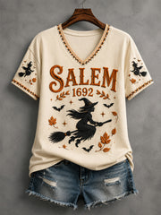 Women's Funny Halloween Salem 1692 They Missed One Witch Print Casual V-Neck Tee