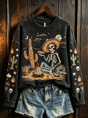 Women's Halloween Western Style Pattern Printed Casual Round Neck Sweatshirt