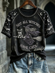 Women's Halloween Not All Witches Have Cats Witch & Yorkie Dog Print short sleeve T-shirt