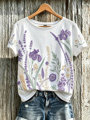 Women's purple plant flower pattern printed casual T-shirt