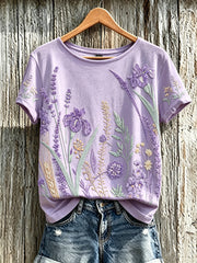 Women's purple plant flower pattern printed casual T-shirt