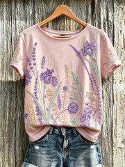 Women's purple plant flower pattern printed casual T-shirt