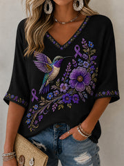 Women's Purple Floral & Hummingbird Print Alzheimer's Awareness Support V-Neck Tee