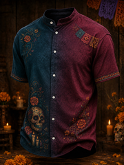 Men's Mexico Day of The Dead Floral Art Printed Cotton-linen collar short-sleeved shirt