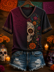 Women's Mexico Day of The Dead Floral Art Printed short-sleeved T-shirt