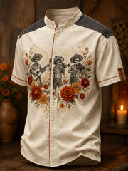 Men's Mexico Day of The Dead Floral Art Printed Linen Shirt