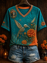 Women's Mexico Day of The Dead Floral Art Printed T-shirt