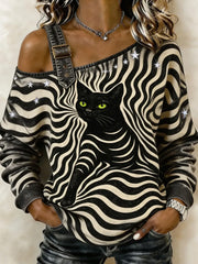 Women’s Black Cat Stripes Print Casual Off-Shoulder Sweatshirt