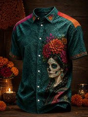 Men's Mexico Day of The Dead Floral Art Printed Linen Shirt