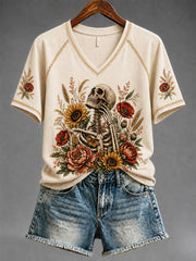 Women's Gothic Skull and Floral Casual T-shirt
