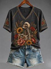 Women's Gothic Skull and Floral Casual T-shirt