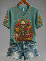 Women's Gothic Skull and Floral Casual T-shirt