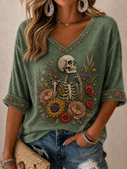 Women's Gothic Skull and Floral Casual T-shirt