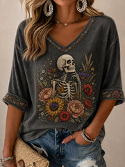 Women's Gothic Skull and Floral Casual T-shirt
