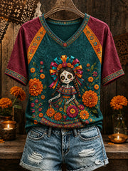 Women’s Mexico Day of The Dead Floral Art Printed T-shirt