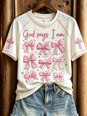 Women's God Says I Am Pink Bow Knots & Cross Print short sleeve T-shirt