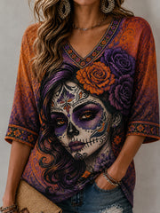 Women's Day Of the Dead Style Elements Pattern Print Casual Mid-length Sleeves V-Neck T-Shirt