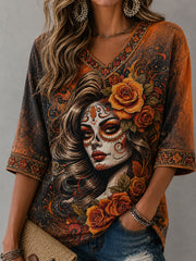 Women's Day Of the Dead Style Elements Pattern Print Casual Mid-length Sleeves V-Neck T-Shirt