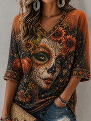 Women's Day Of the Dead Style Elements Pattern Print Casual Mid-length Sleeves V-Neck T-Shirt
