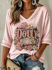 Women's Rip Country Music Queen Printed Mid-length Sleeves V-Neck T-Shirt
