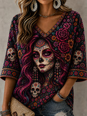 Women's Day Of The Dead Plant Flower And Skull Pattern Print Casual Mid-length Sleeves V-Neck T-Shirt