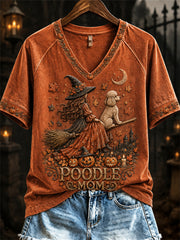 Women's Halloween Fall Poodle Mom Witch & Dog Print short-sleeved T-shirt