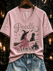 Women's Halloween Poodle Mom Pink Witch & Dog Print short-sleeved T-shirt