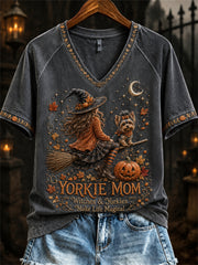 Women's Halloween Fall Yorkie Mom Witch & Dog Print short-sleeved T-shirt