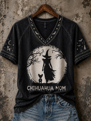 Women's Halloween Witch And Dog Pattern Printed Casual Short Sleeve T-Shirt
