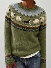Women's Vintage Farm Border Collie & Sheep Yoke Isle Print crew neck sweater