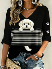 Women's Peeking Maltese Dog & Paw Prints Colorblock Print Mid-length Sleeves V-Neck T-Shirt