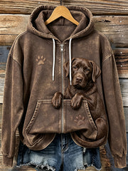 Women's Vintage Peeking Chocolate Labrador Retriever & Paw Print Cozy Zip-Up Hoodie