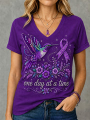 Women's Purple Floral & Hummingbird Print Alzheimer's Awareness Support V-Neck Tee