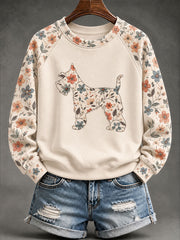 Women's Schnauzer Floral Print Casual Raglan Sleeve Sweatshirt