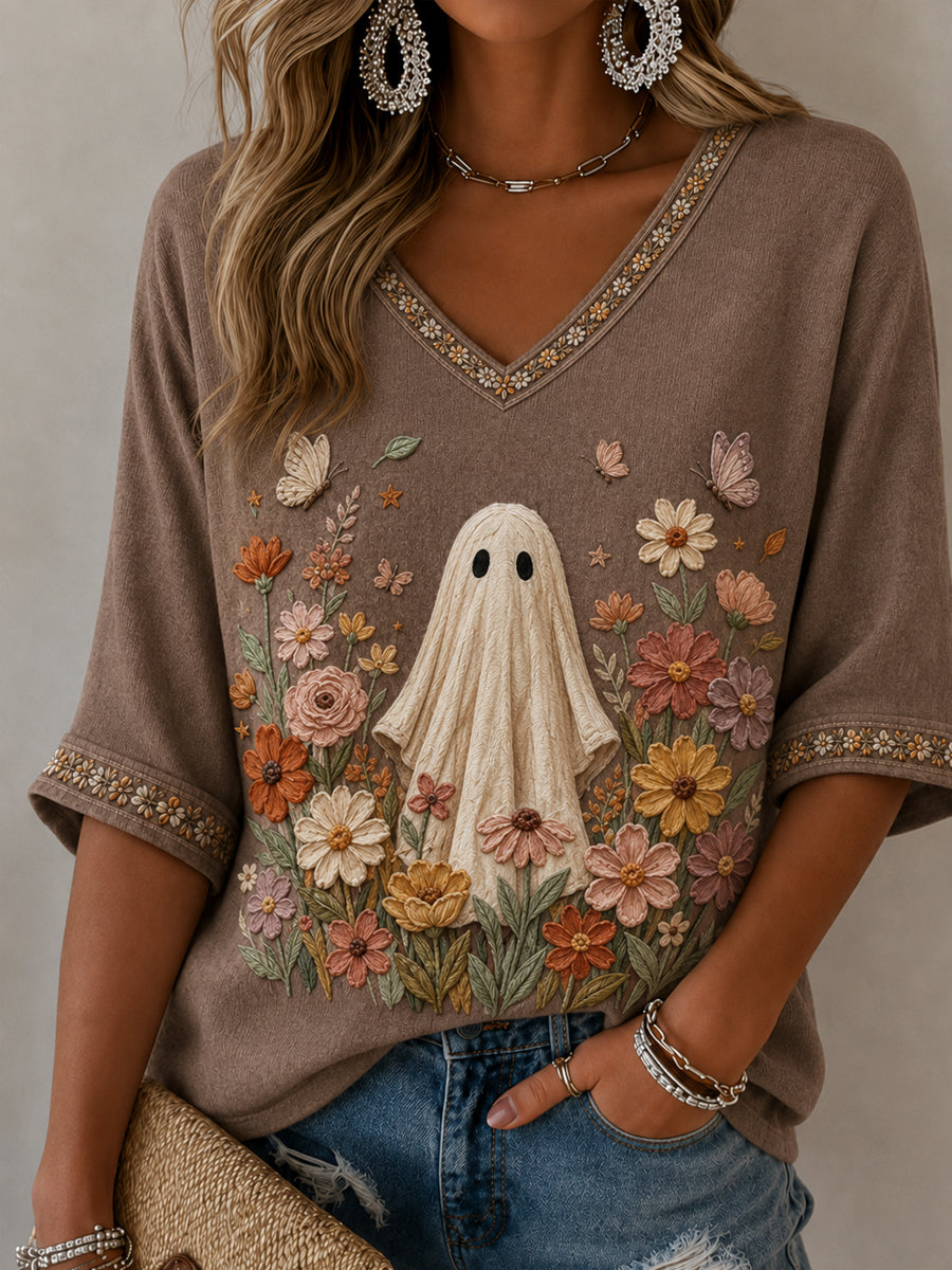 Women's Halloween Wildflowers Ghost  Mid-length Sleeves V-Neck T-Shirt
