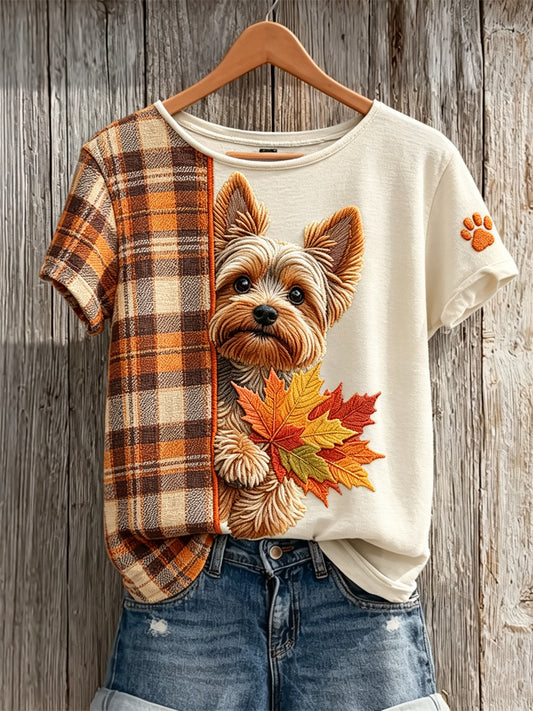 Women's Peeking Yorkshire Terrier Dog with Maple Leaves Fall Plaid Contrast Print short-sleeved T-shirt