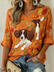 Women's Cute Springer Spaniel Fall Art Print Mid-length Sleeves V-Neck T-Shirt