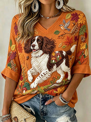 Women's Cute Springer Spaniel Fall Art Print Mid-length Sleeves V-Neck T-Shirt