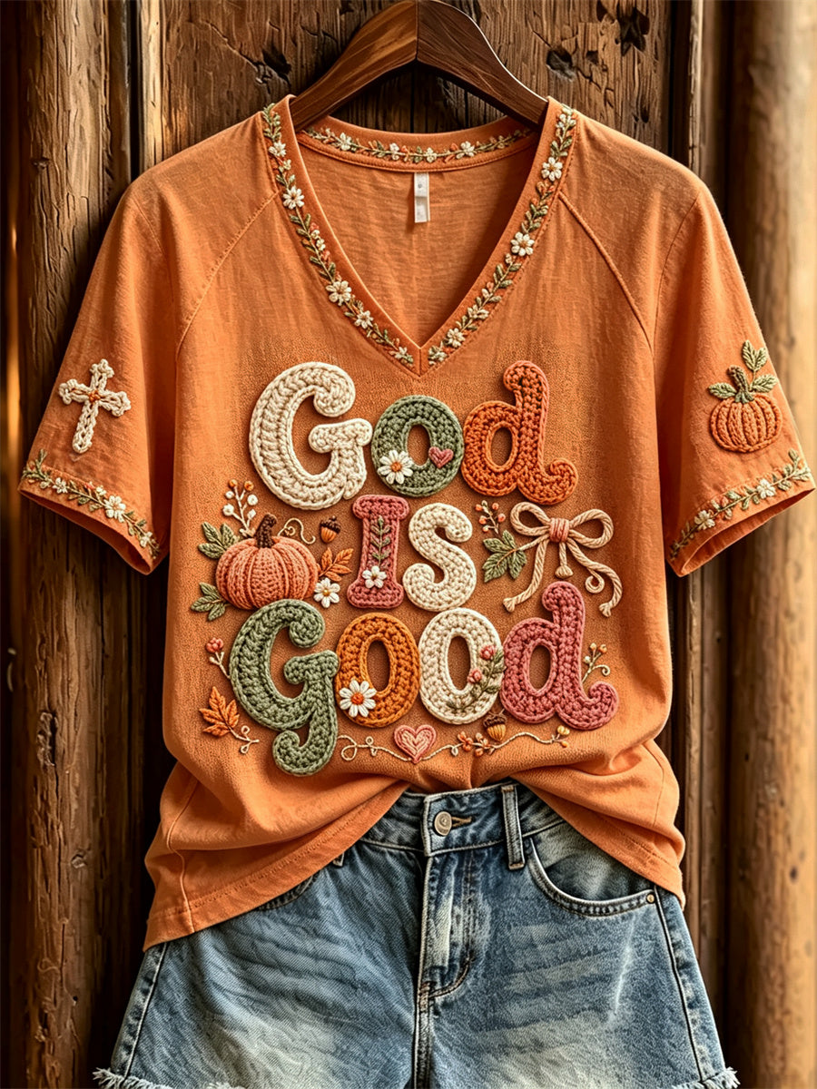 Women's God Is Good Fall Pumpkin Floral Crochet Art Print short-sleeved T-shirt