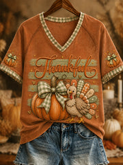 Women's Vintage Thanksgiving Pumpkin Turkey  Maple Leaf V-neck Short Sleeve T-shirt