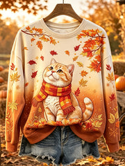 Women's Cute Cat Fall Art Print Gradient Comfy Round Neck Sweatshirt