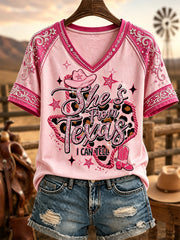 Women's She's From Texas I Can Tell Print Casual V-Neck Tee