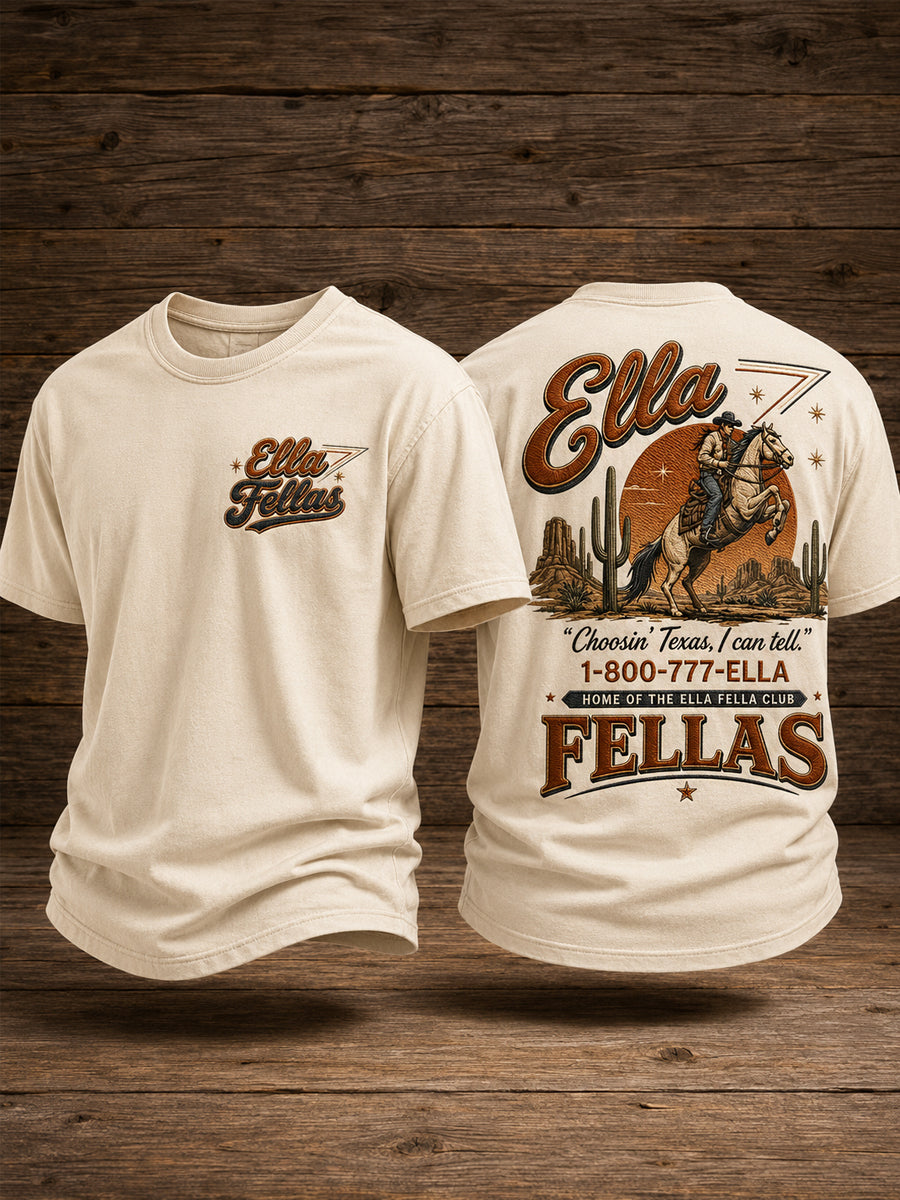 Men's Retro Western Ella's Fellas Club Cowboy Print Casual Tee