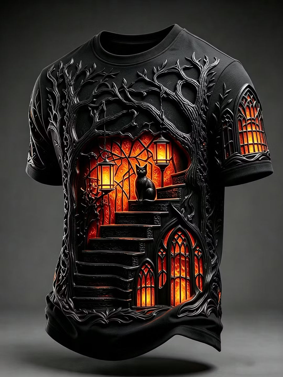 Men's Retro Halloween Castle and Black Cat Pattern Casual T-shirt