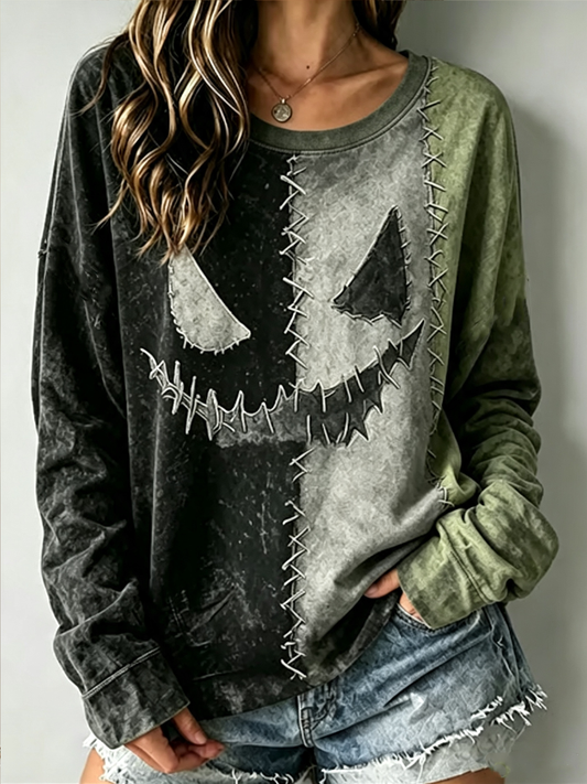 Women's Halloween Printed Round neck long sleeve T-shirt