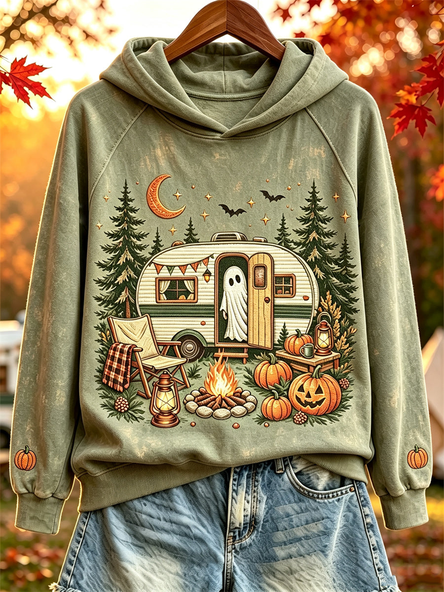 Women's Halloween Ghost Fall RV Camping Print Hoodie