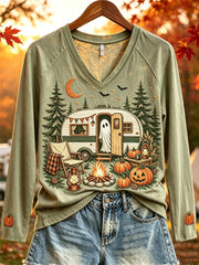 Women's Halloween Ghost Fall RV Camping Print long-sleeved T-shirt