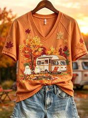 Women's Halloween Ghost RV Camping Fall Landscape Print short sleeve T-shirt